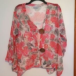Nina Leonard floral red, white & green mesh sweater with button accent Sz XL